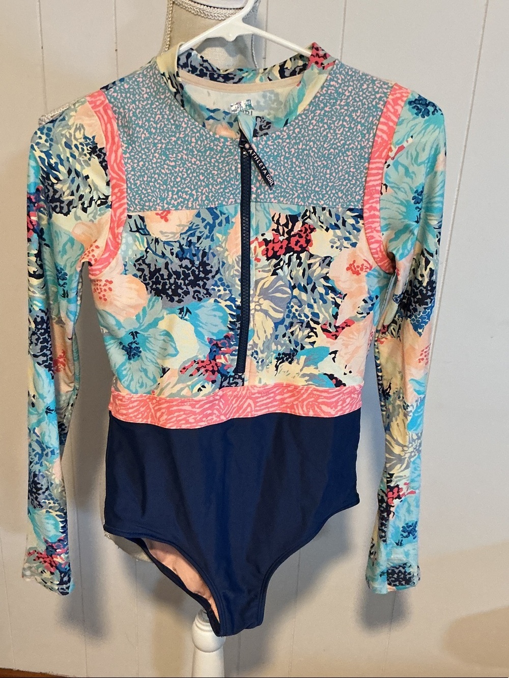 Athleta Girls Floral Long Sleeve One-Piece Swimsuit in Navy, Teal, Pink